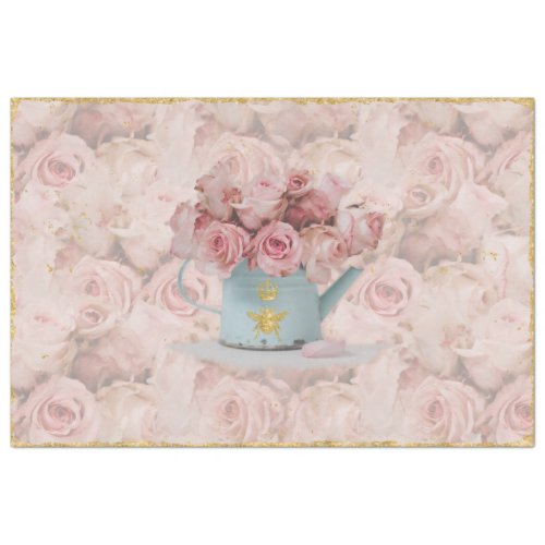 Pink Roses Bouquet Gold Bee Crown Blue Decoupage Tissue Paper