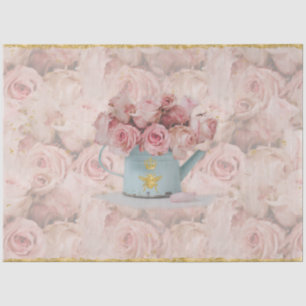 Pink Roses Bouquet Gold Bee Crown Blue Decoupage Tissue Paper
