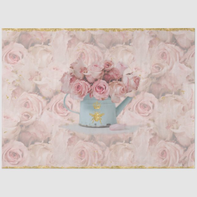 Pink Roses Bouquet Gold Bee Crown Blue Decoupage Tissue Paper (Front)
