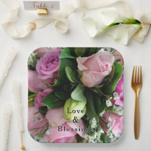 Pink Roses Bouquet Love and Blessings Paper Plates