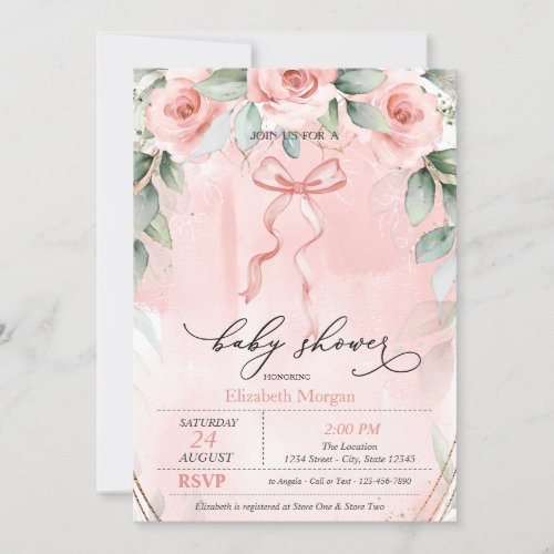  Pink Roses Bow Baby Shower  Invitation