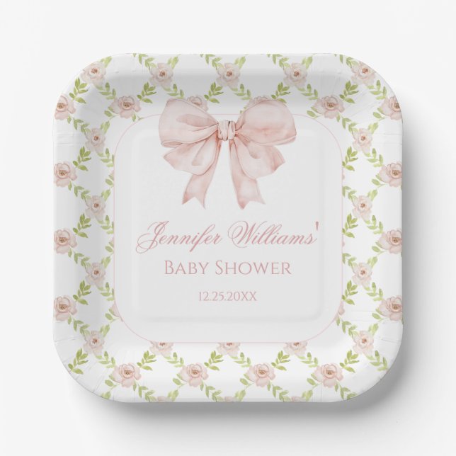 Pink Roses Bow Floral Sweet Baby Girl Shower Paper Plates (Front)