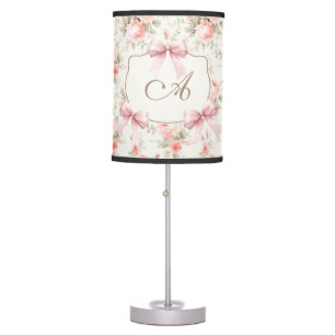 Pink Roses Bows Monogram Table Lamp