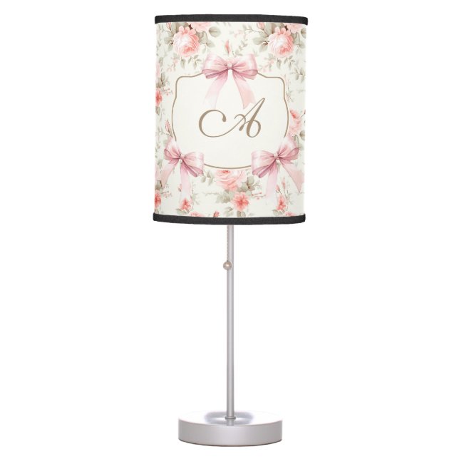 Pink Roses Bows Monogram Table Lamp (Front)