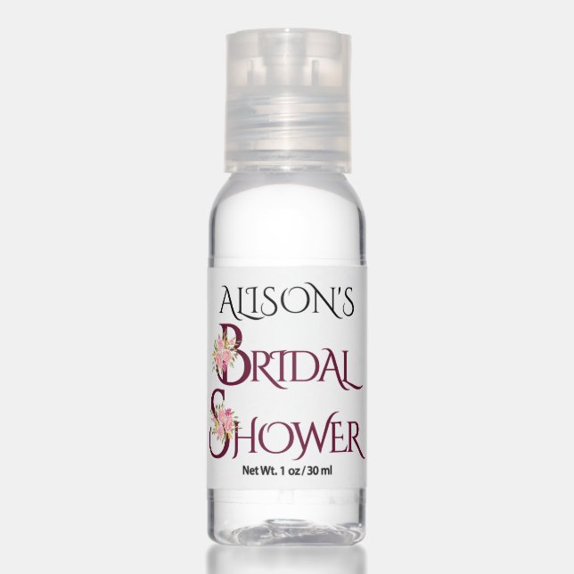 Pink roses bridal shower burgundy wedding favor hand sanitizer (Front)