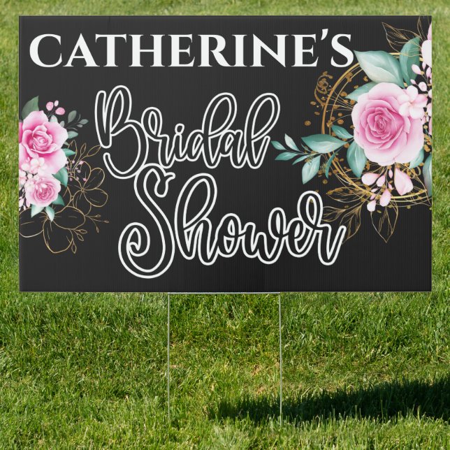 Pink roses bridal shower gold black confetti sign (Insitu)