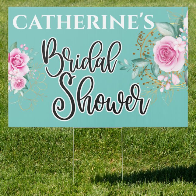 Pink roses bridal shower gold teal blue confetti sign (Insitu)