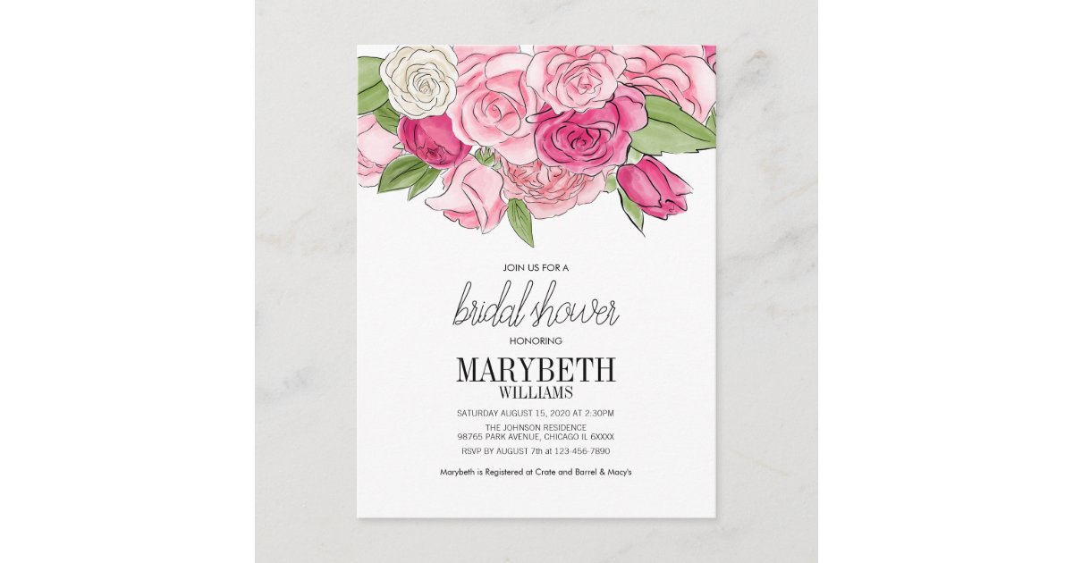 Pink Roses Bridal Shower Invitation Postcard 