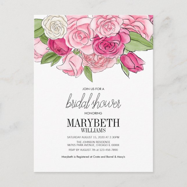 Pink Roses Bridal Shower Invitation Postcard (Front)