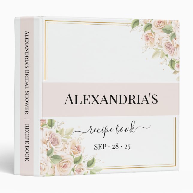 Pink Roses Bridal Shower Recipe 3 Ring Binder (Front/Spine)