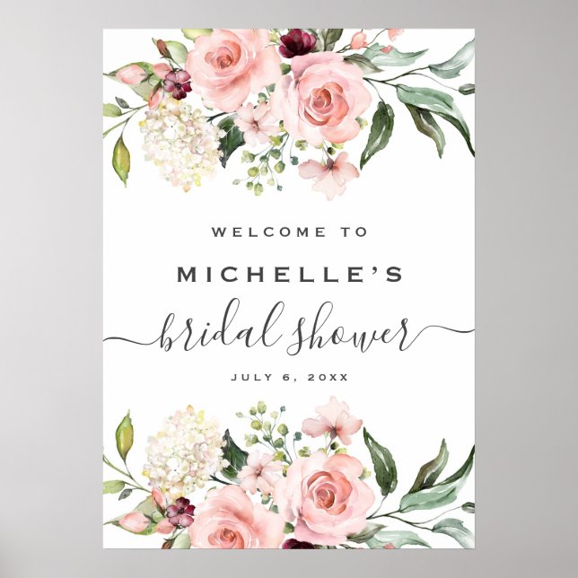 Pink Roses Bridal Shower Welcome Sign (Front)