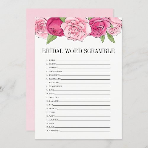 Pink Roses Bridal Shower Word Scramble Game Card