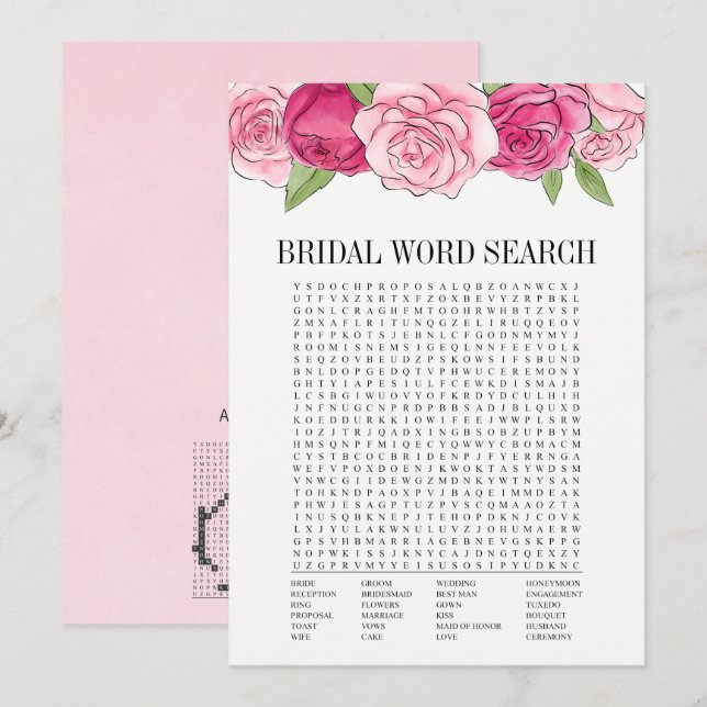 Pink Roses Bridal Shower Word Search Game Card (Front/Back)