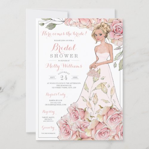 Pink Roses Bride Bridal Shower Invitation