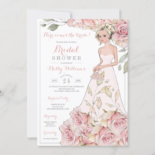 Pink Roses Bride Bridal Shower Invitation