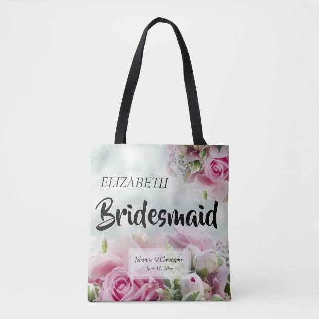 Pink Roses Bridesmaid Wedding Tote Bag with Name (Front)