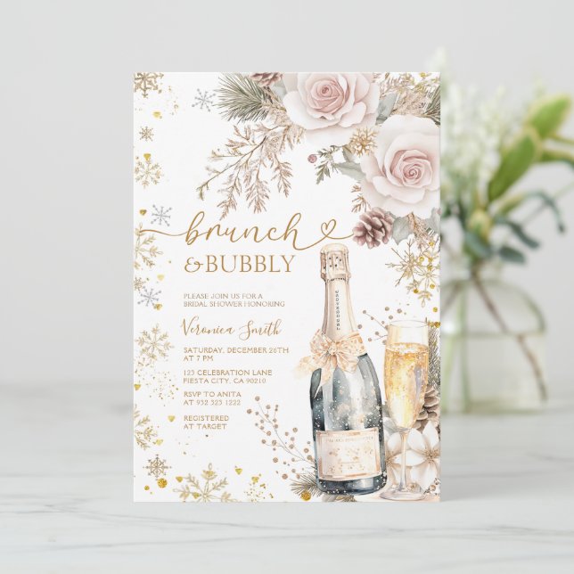 Pink Roses Brunch Bubbly Champagne Bridal Shower  Invitation (Standing Front)