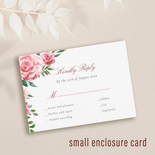 Pink roses budget wedding RSVP card enclosure