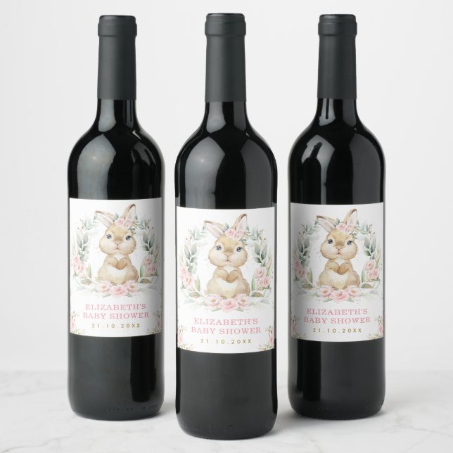 Pink Roses Bunny Easter Rabbit Baby Shower Wine Label (Bottles)