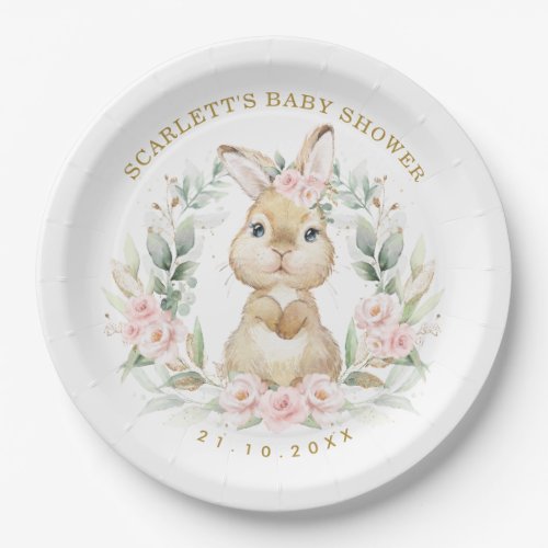 Pink Roses Bunny Easter Rabbit Girl Baby Shower Paper Plates