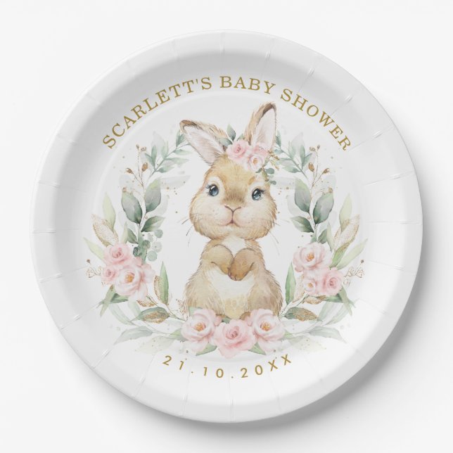Pink Roses Bunny Easter Rabbit Girl Baby Shower Paper Plates (Front)