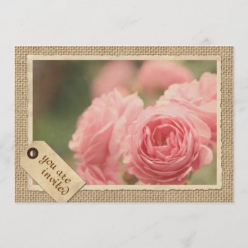 Pink Roses Burlap Vintage Paper Frame Travel Tag Invitation by BeverlyClaire at Zazzle