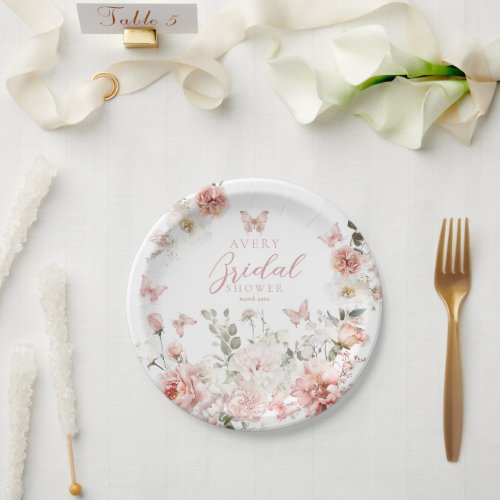 Pink Roses Butterflay Floral Bridal Shower  Paper Plates