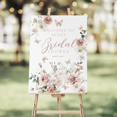 Pink Roses Butterflay Floral Bridal Shower Welcome Foam Board