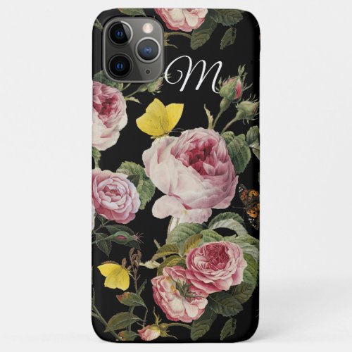 PINK ROSES BUTTERFLIES Black Floral Monogram iPhone 11 Pro Max Case