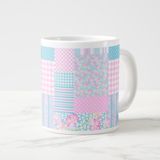 Pink Roses, Butterflies Faux Patchwork Jumbo Mug (Front Right)