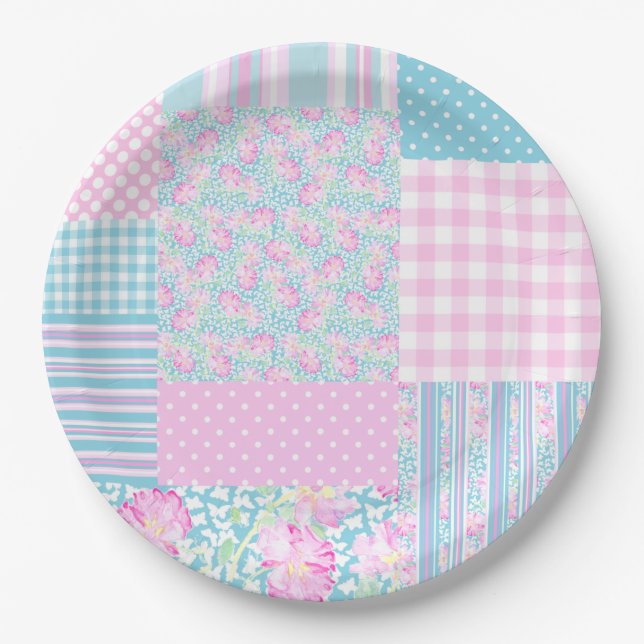 Pink Roses Butterflies Faux Patchwork Paper Plate (Front)