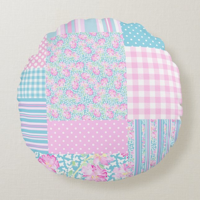 Pink Roses Butterflies Faux Patchwork Round Pillow (Front)