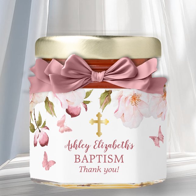 Pink Roses Butterflies Floral Baptism Honey Jar Favors (Elegant Pink Roses Floral and Butterflies Baptism Honey Jar Favors)