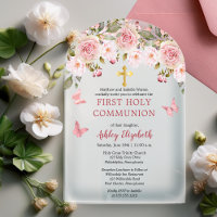 Pink Roses Butterflies Floral First Holy Communion