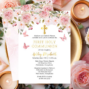 Pink Roses Butterflies Floral First Holy Communion Foil Invitation