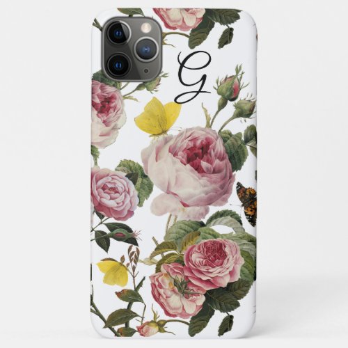 PINK ROSES BUTTERFLIES White Floral Monogram iPhone 11 Pro Max Case