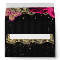 Pink Roses Butterfly Black Gold Lace  Envelope