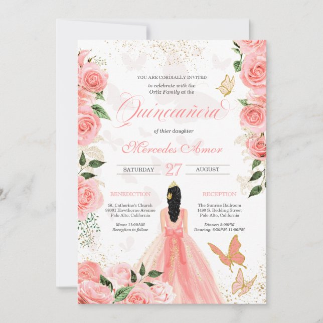 Pink Roses Butterfly Mariposa Quinceanera Floral Invitation (Front)