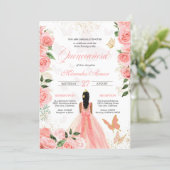 Pink Roses Butterfly Mariposa Quinceanera Floral Invitation (Standing Front)
