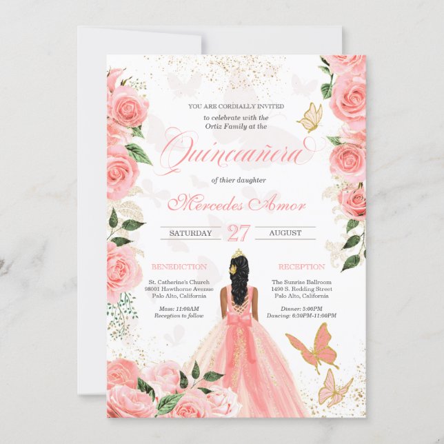 Pink Roses Butterfly Mariposa Quinceanera Floral Invitation (Front)