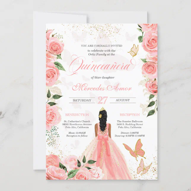 Pink Roses Butterfly Mariposa Quinceanera Floral Invitation | Zazzle