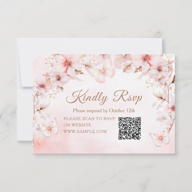 Pink Roses Butterfly Quinceañera Crown QR Rsvp Thank You Card (Front)