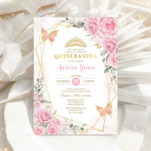 Pink Roses Butterfly Quinceaera Gold Geometric In Invitation