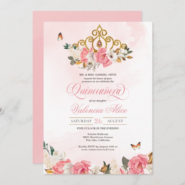 Pink Roses Butterfly Quinceanera Gold Tiara Invitation (Front/Back)
