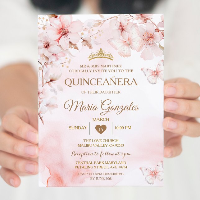 Pink Roses Butterfly Quinceañera Sweet 16  Invitation (Creator Uploaded)