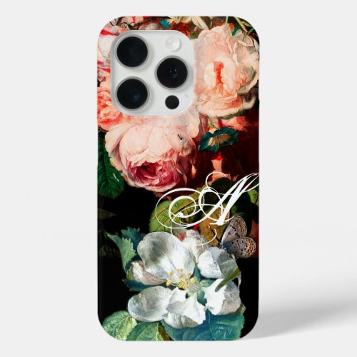 PINK ROSESBUTTERFLYWHITE FLOWER FLORAL MONOGRAM iPhone 15 PRO CASE