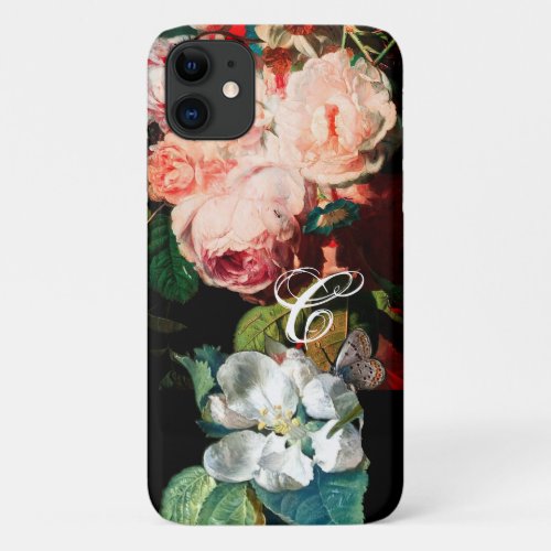 PINK ROSESBUTTERFLYWHITE FLOWER FLORAL MONOGRAM iPhone 11 CASE
