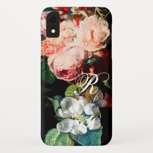 PINK ROSESBUTTERFLYWHITE FLOWER FLORAL MONOGRAM iPhone XR CASE