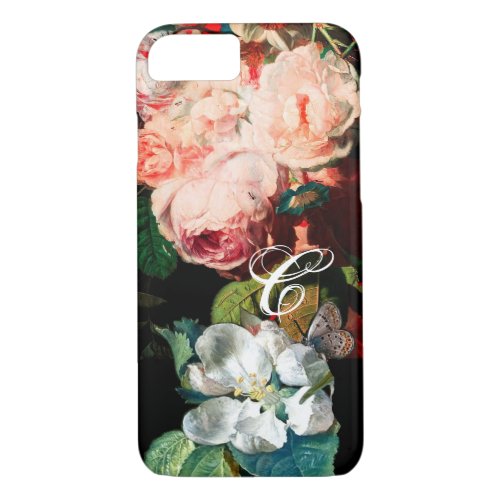 PINK ROSESBUTTERFLYWHITE FLOWER FLORAL MONOGRAM iPhone 87 CASE