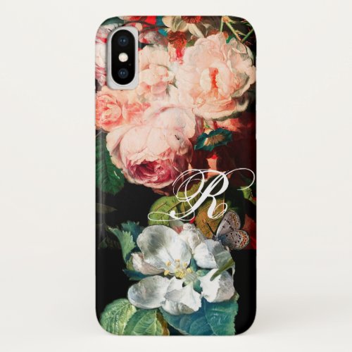 PINK ROSESBUTTERFLYWHITE FLOWER FLORAL MONOGRAM iPhone X CASE
